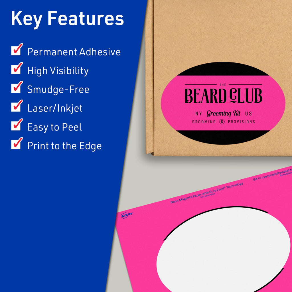 Avery Printable Oval Labels, Sure Feed Technology, 4" x 6", Neon Magenta Labels, Print-to-The-Edge, Laser/Inkjet Printable, 40 Total, Great for Packaging and Candles 40 labels