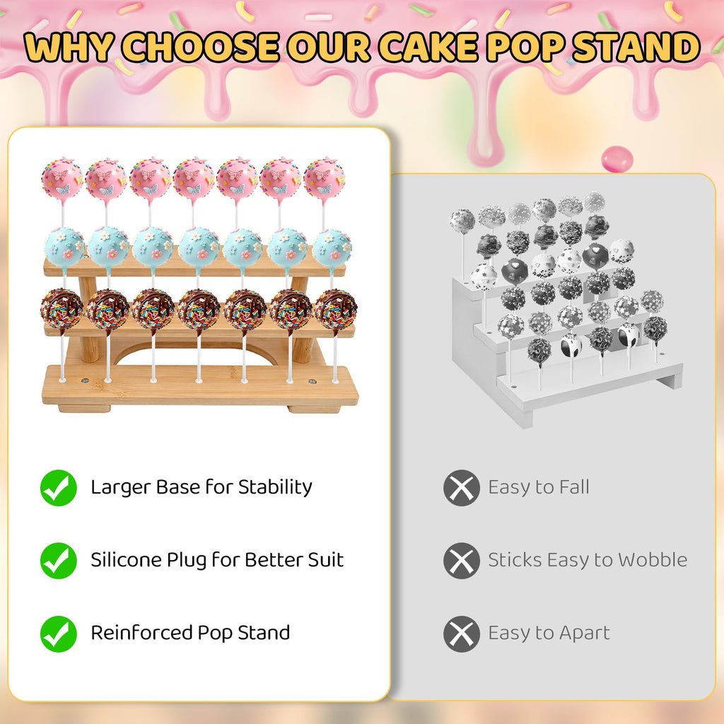 3-Tier Wooden Cake Pop Stand with 21 Holes, 100pcs Cakepop Bags Sticks Ties