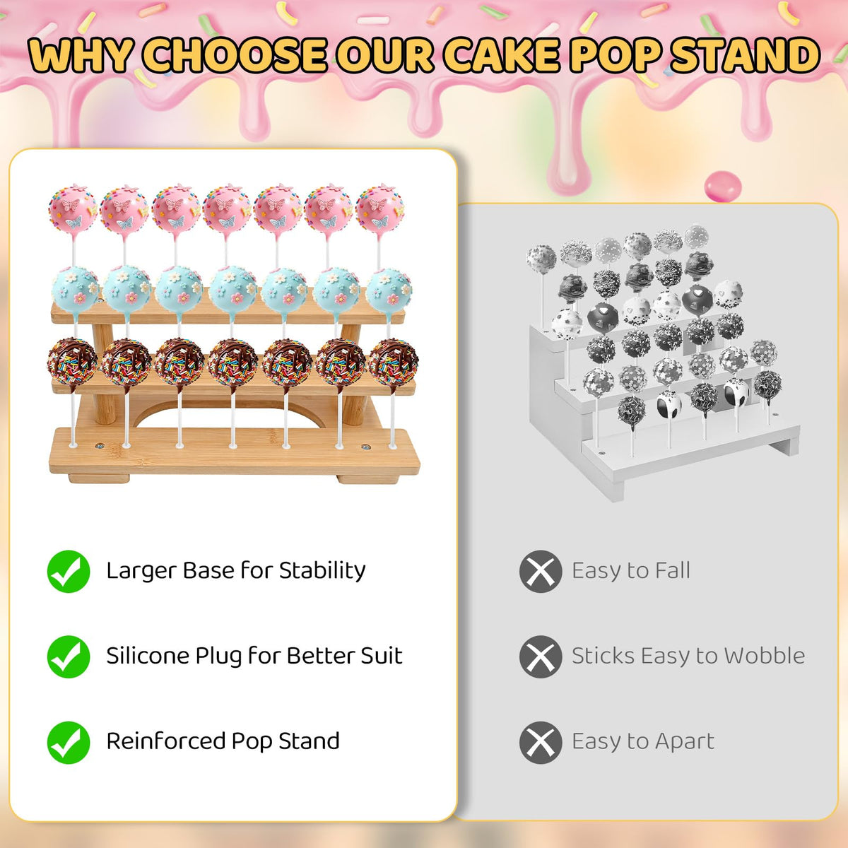 3-Tier Wooden Cake Pop Stand with 21 Holes, 100pcs Cakepop Bags Sticks Ties