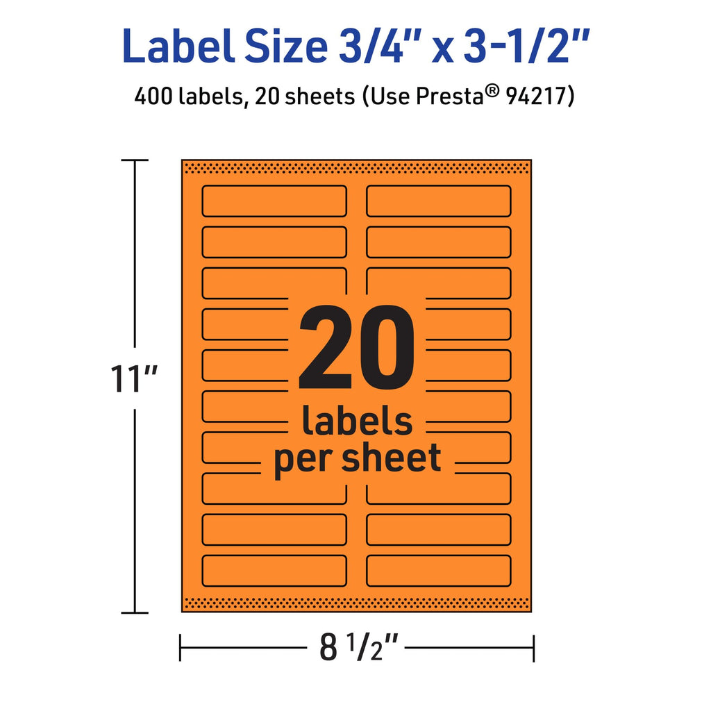 Avery Printable Rectangle Labels, Sure Feed Technology, 3/4" x 3-1/2", Bright Orange Labels, Print-to-The-Edge, Laser/Inkjet Printable, 400 Total, Great for Mailing 400 labels