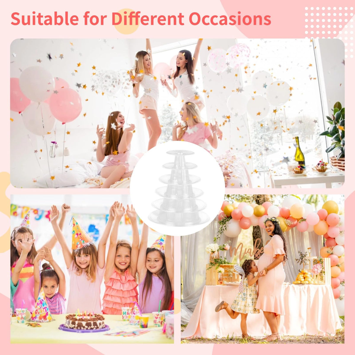 OMISTAR 2 PCS 6-Tier Clear Macaron Display Stands, Plastic Macaron Tray Tower with Stainless Steel Serving Tongs, Transparent Cupcake Dessert Stand for Weddings, Birthday Parties, Bakeries Clear,6-Tiers