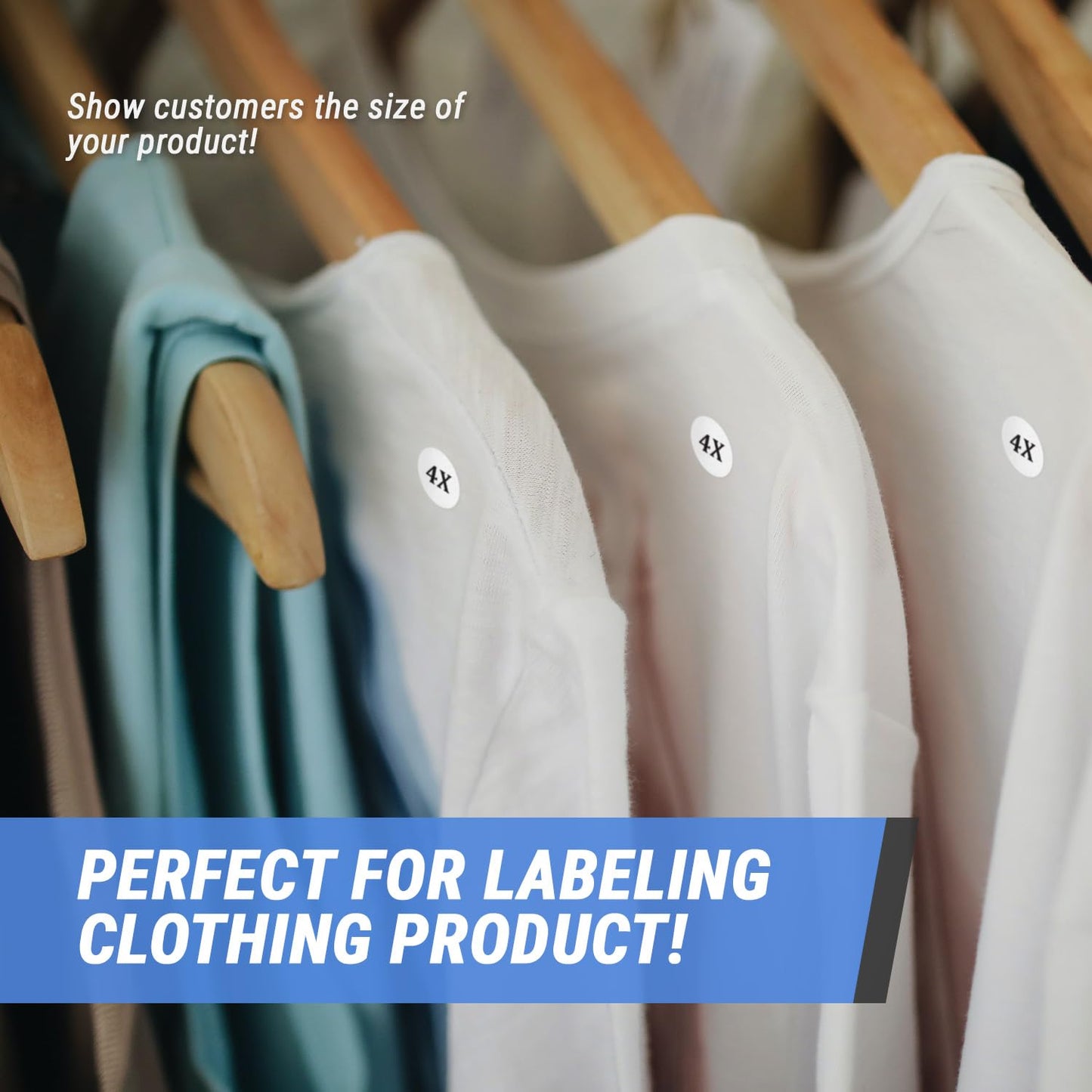 Clothing Size Stickers Labels Roll - 1.25" White Round Circle, 4X Clothing Size Labels T Shirt Dress Retail Boutique Apparel Clothing Size Labels Stickers, Fabric Safe - 1 Roll, 300 Sizing Stickers
