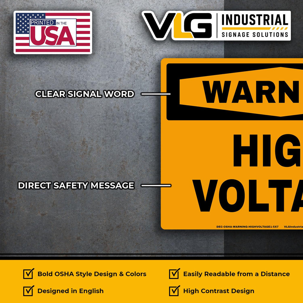 WARNING - HIGH VOLTAGE Safety Labels, 5-Pack, OSHA Style Electrical Hazard Stickers, Bright Orange & Black High Visibility Warning Decals, Waterproof UV Laminated Industrial Safety Signs, 5" x 7"
