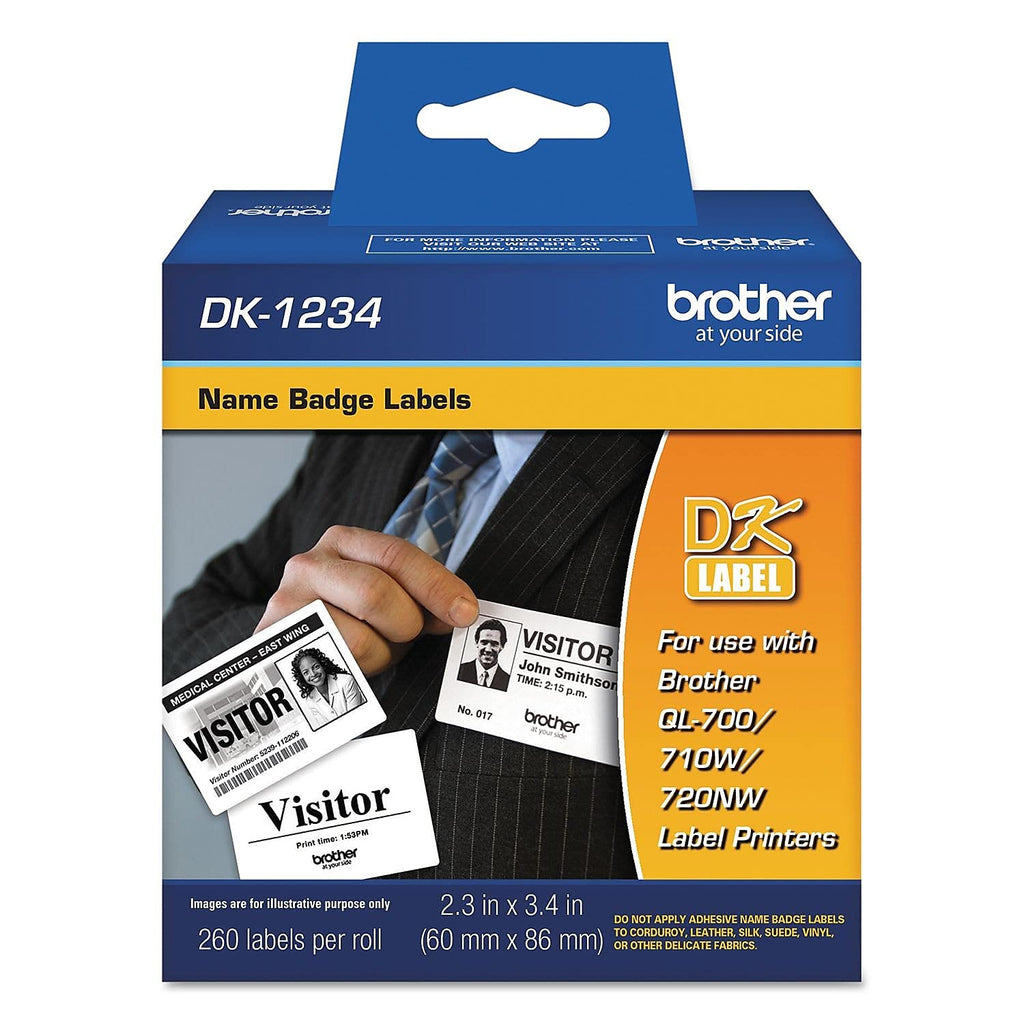 Brother Genuine DK-1234 Die-Cut Adhesive Name Badge White Paper Labels for Brother QL Label Printers, 2.3" x 3.4" (60mm x 86mm), 260 Labels per Roll, DK1234 1 Roll