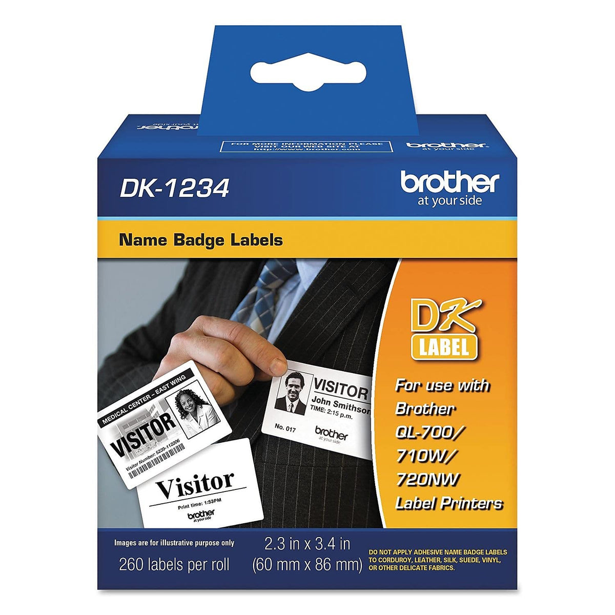 Brother Genuine DK-1234 Die-Cut Adhesive Name Badge White Paper Labels for Brother QL Label Printers, 2.3" x 3.4" (60mm x 86mm), 260 Labels per Roll, DK1234 1 Roll