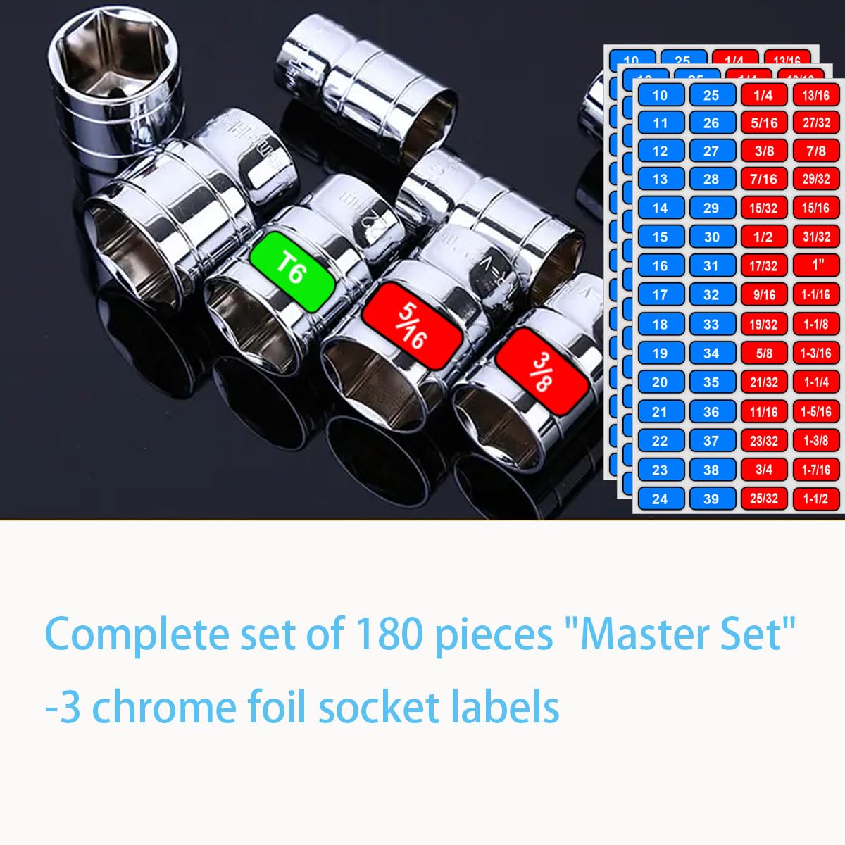 Foil Socket Labels Toolbox Stickers 180 pcs, 1/4", 3/8", 1/2" Wrench Size Labels Socket Size Stickers for Toolbox Organization