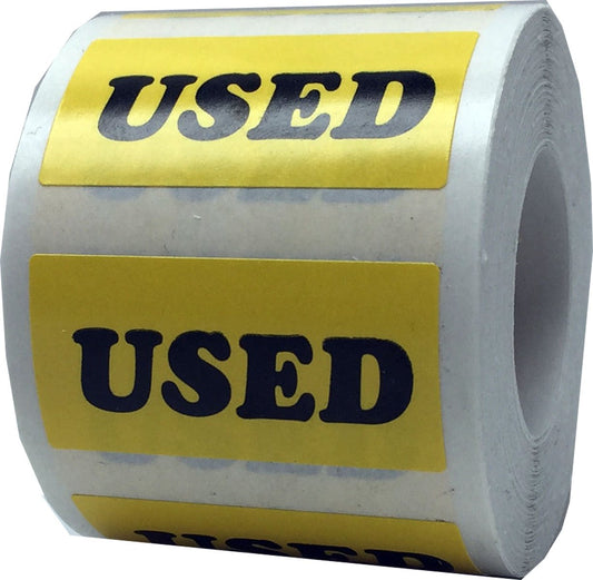 Yellow with Bold Black Text Used Rectangle Stickers, 3/4 x 1.5 Inches in Size, 500 Labels on a Roll for Product Labeling and Organization - Made in The USA
