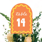 Big Dot of Happiness Orange and Yellow Wavy Table Numbers, Retro Wedding or Birthday Party Decor Centerpieces, Double-Sided 5 x 7 inches Cards, Table Numbers - 1-20