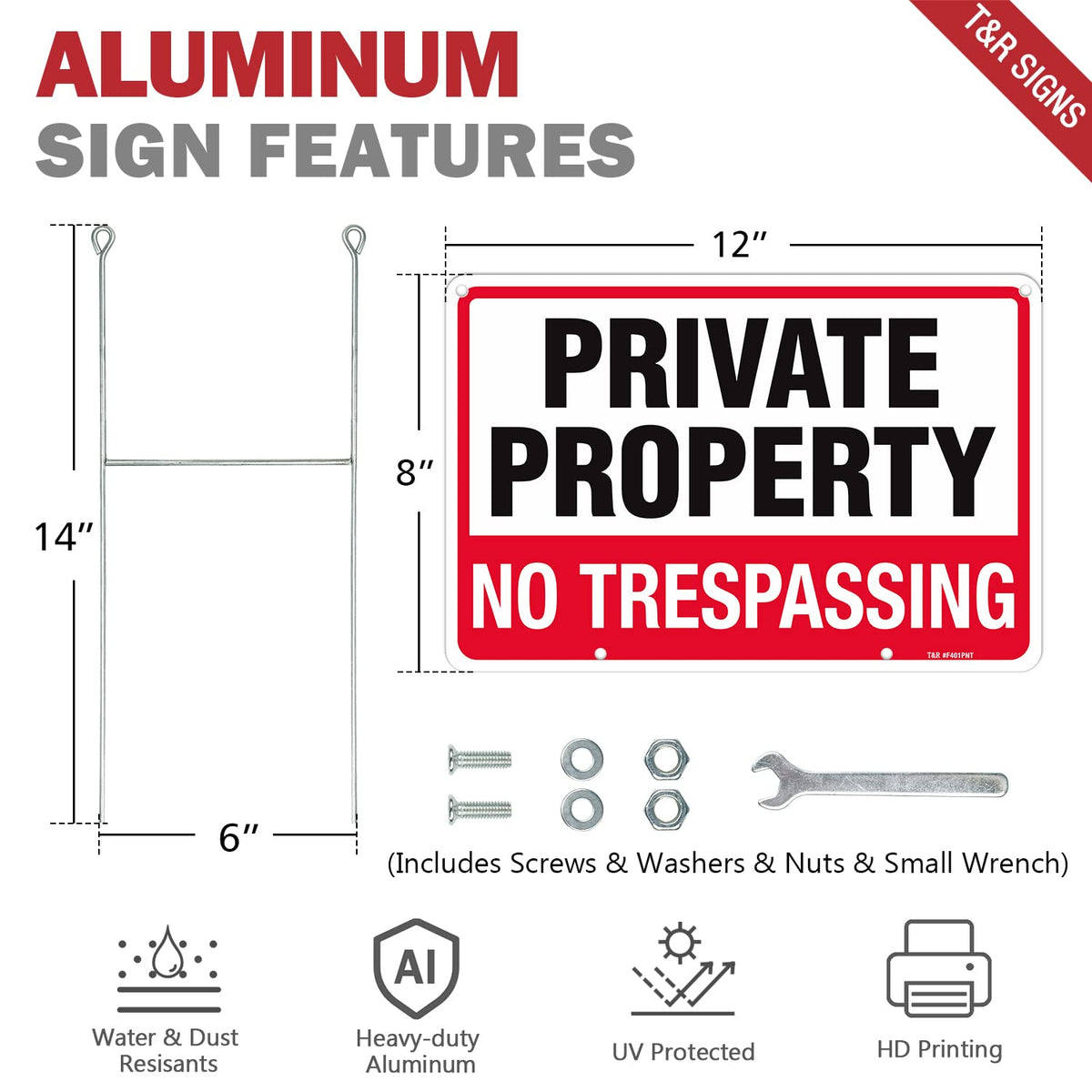 T&R No Trespassing Sign Private Property Sign with H Stake for Outside,3 Pack,12"x8" .040 Rust Free Heavy Aluminum, Waterproof,Includes Matching Screws & Wrench, Easy to Mount 3-Pack