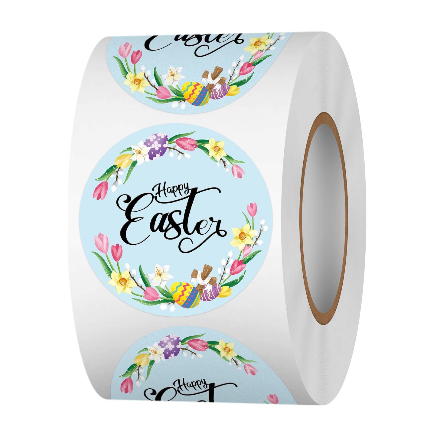Happy Easter Sticker Rolls, 1.5 Inches 500 PCS Holiday Stickers for Kids and Adults, Round Label Stickers for Goodie Bags, Gift Favors Box, Cards, Beer Bottle, Party Supplies Floral Wreath