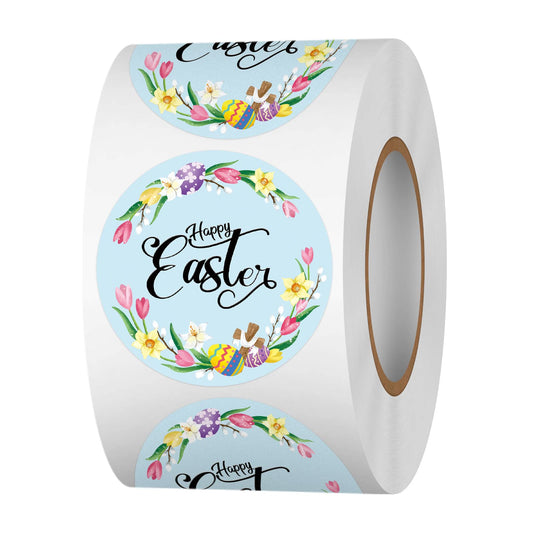 Happy Easter Sticker Rolls, 1.5 Inches 500 PCS Holiday Stickers for Kids and Adults, Round Label Stickers for Goodie Bags, Gift Favors Box, Cards, Beer Bottle, Party Supplies Floral Wreath