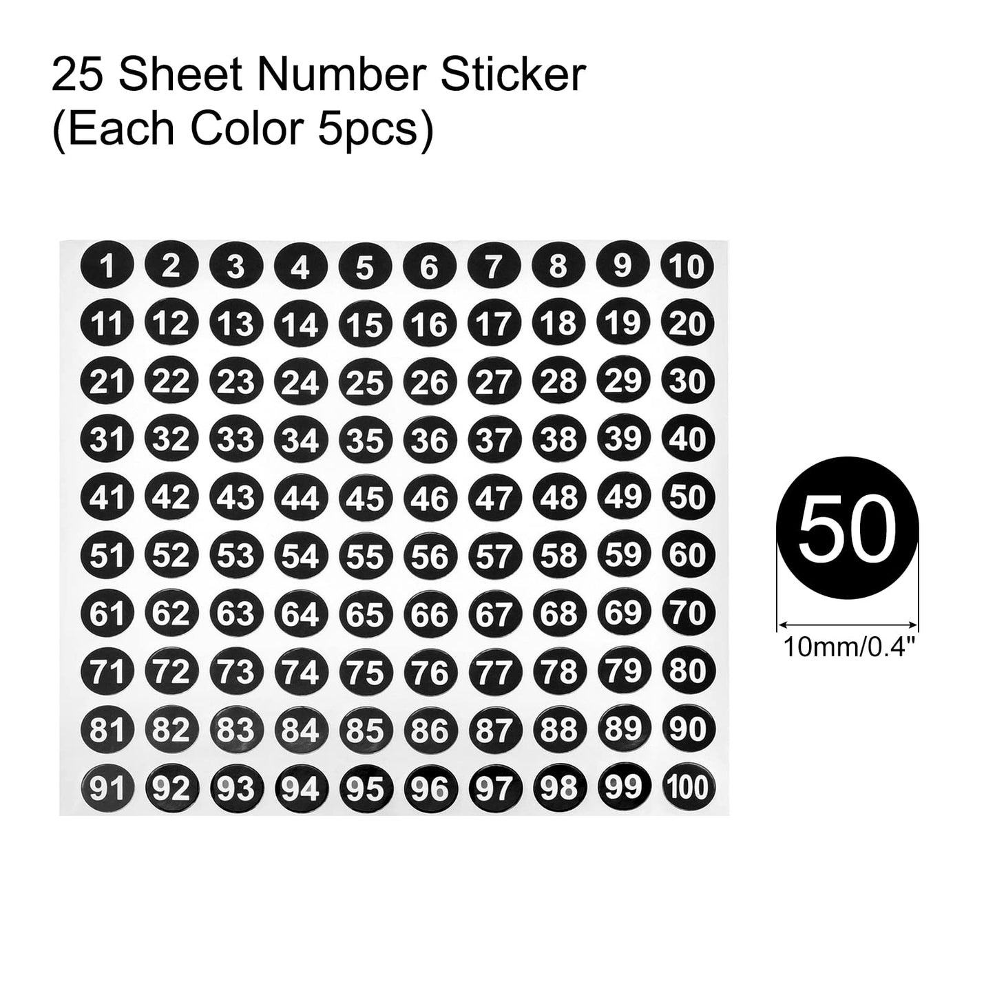 MECCANIXITY 1 to 100 Number Stickers Number Label Self Adhesive Marked Sticker 10mm/0.4" for Classification, 5 Color, Pack of 25