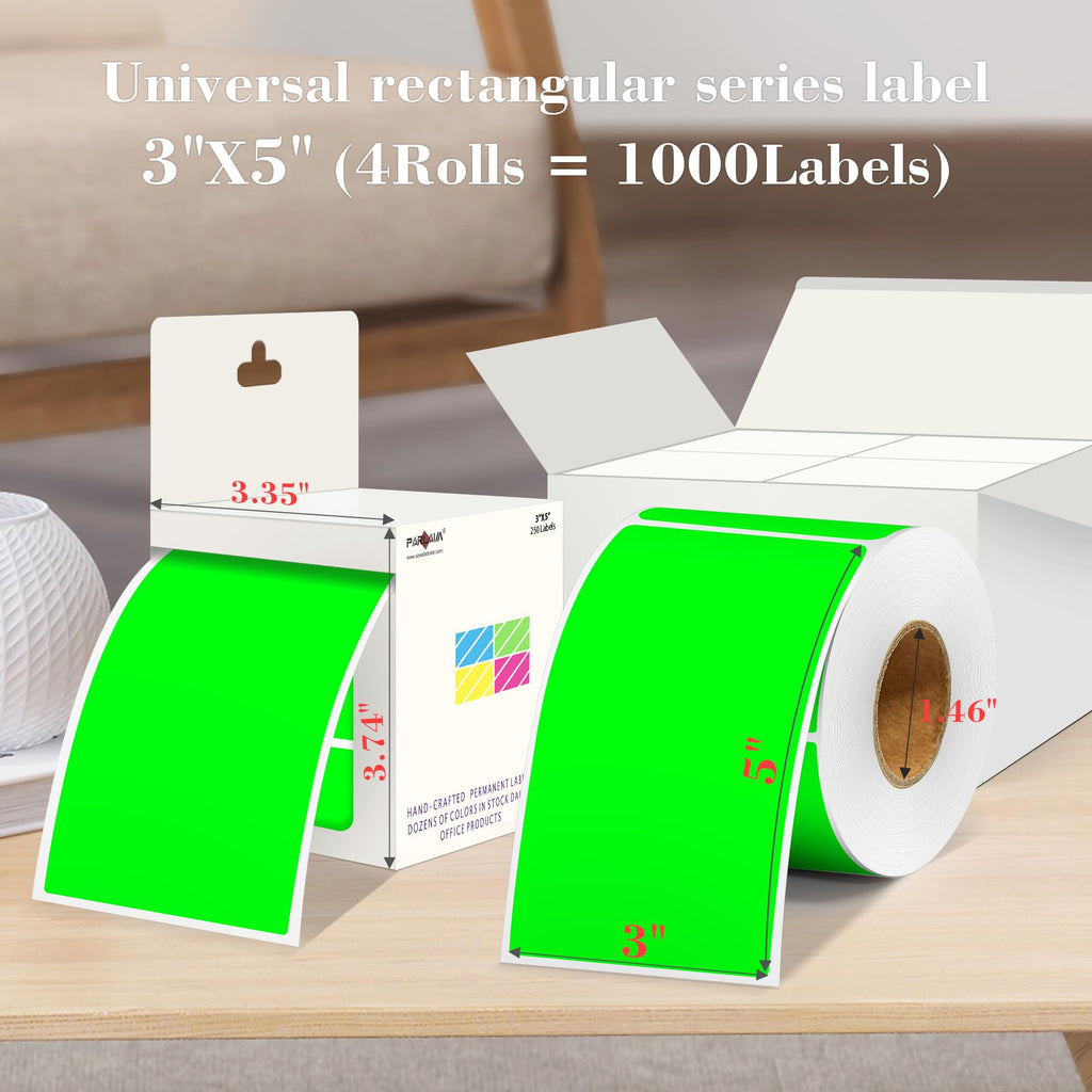 3 x 5 inch Rectangle Sticker Label,250P Adhesive Fluorescent Green Sticker 1 Roll-250PCS
