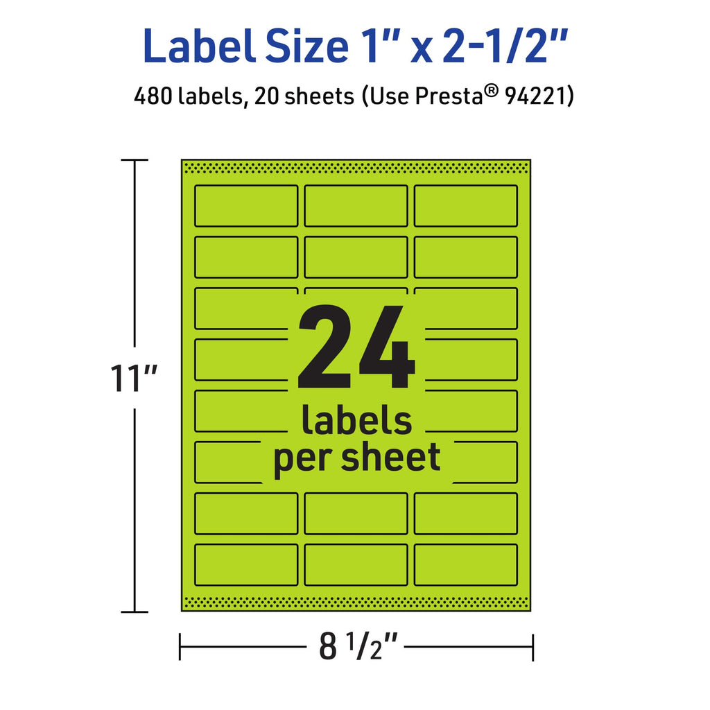 Avery Printable Rectangle Labels, Sure Feed Technology, 1" x 2-1/2", Bright Green Labels, Laser/Inkjet Printable, 480 Total, Great for Mailing 480 labels