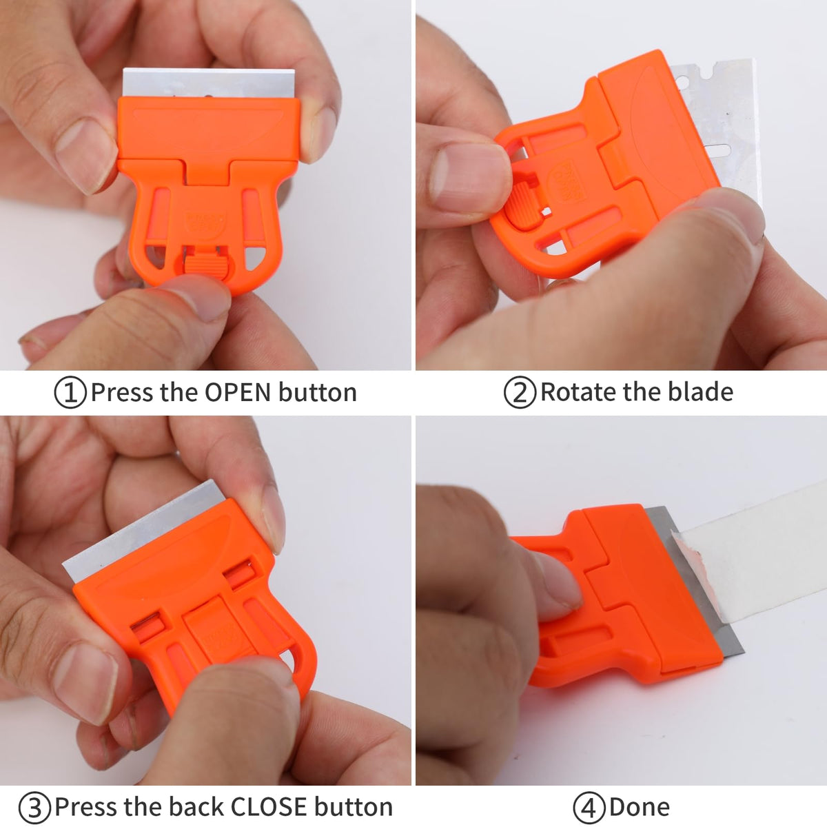 DEPOTA 2-pack plastic razor blade scraper with 10 metal blades, ideal for removing adhesives, stickers, and paint from glass surfaces.