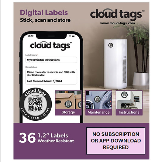 QR Code Cloud Tag Labels | No App or Subscription | Programmable QR Codes to Store Information, Storage, Instructions, Lost & Found, Service Histories & Etc| Waterproof | Pack of 36 (1.2 in x 1.2 in)