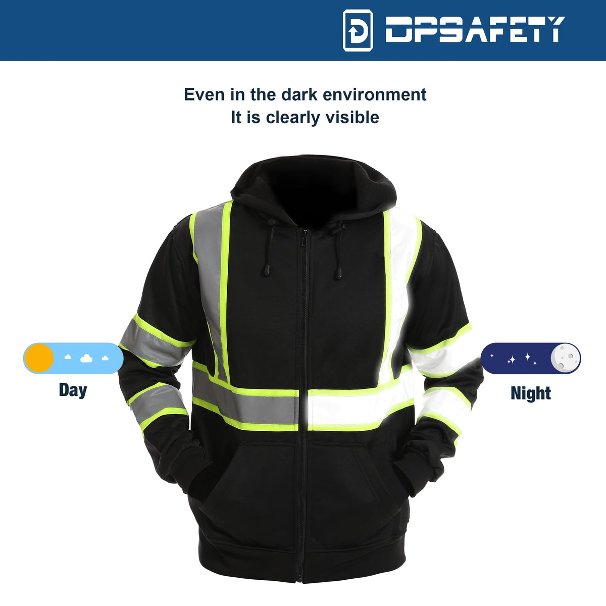 High visibility Hoodie for Men,Class3 Hi Vis Hoodie with Zipper,Reflective Hooded Hood,Construction work Safety Sweatshirt with Large front Pocket for Men/Women BLACK,2XL Black02 XX-Large