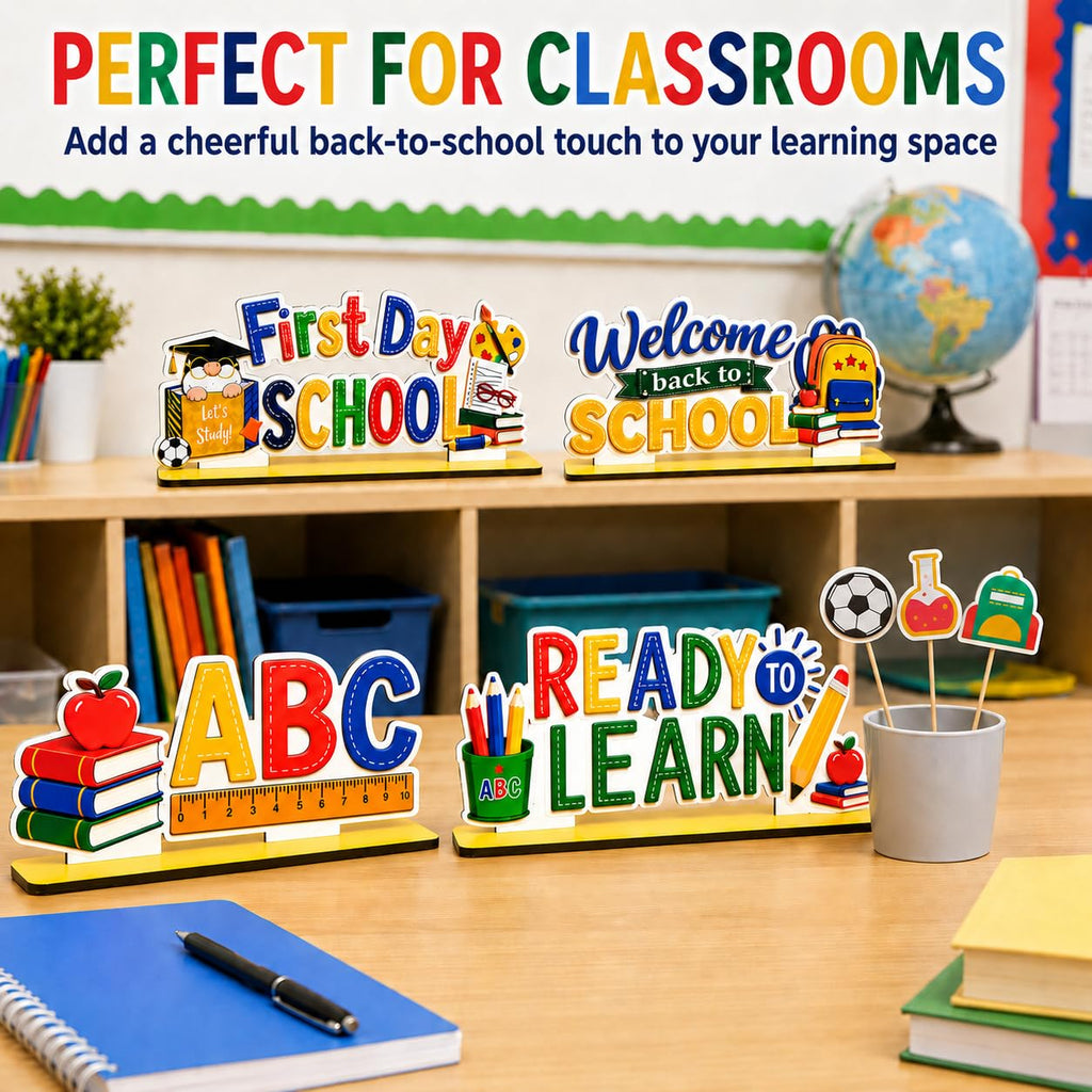 5 Pcs Back to School Decorations, Wooden Table Sign Set, First Day of School Desk Decor for Classroom Teacher Office Homeschool Bus–double-sided