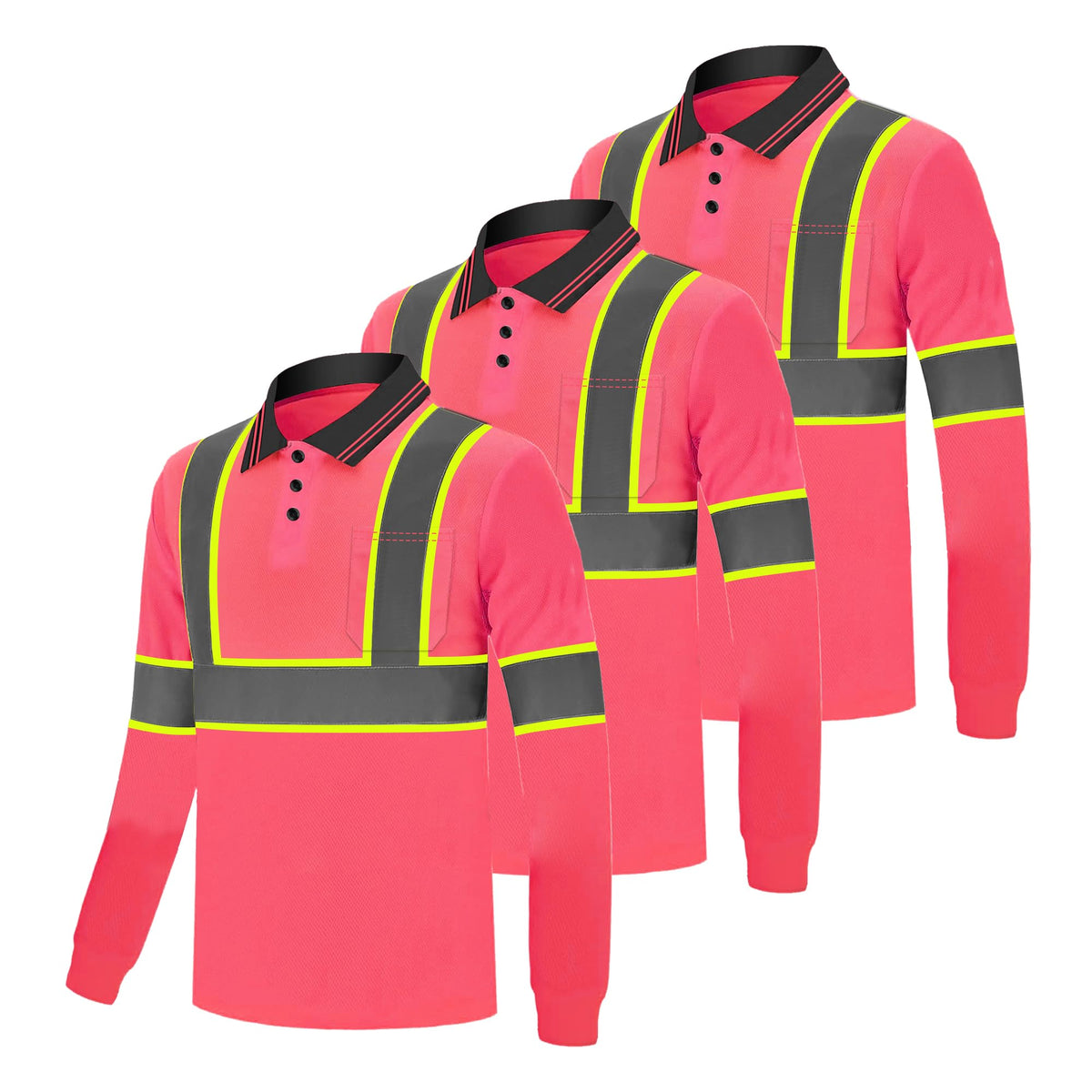 3 Pack Long Sleeve Safety Polo Shirt Reflective High Visibility Construction Work Shirts ANSI Class 3 for Men Pink X-Large