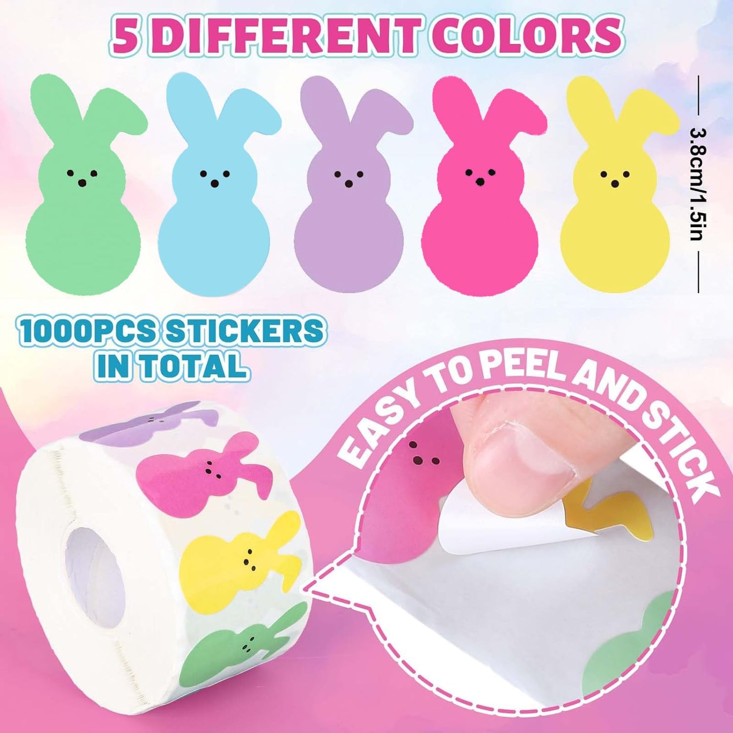 Whaline 1000Pcs Colorful Bunny Stickers Easter Bunny Stickers in Roll Rabbit Pattern Label Self-Adhesive Stickers for Easter Holiday Party Boxes Cards Seal Envelopes, 5 Colors