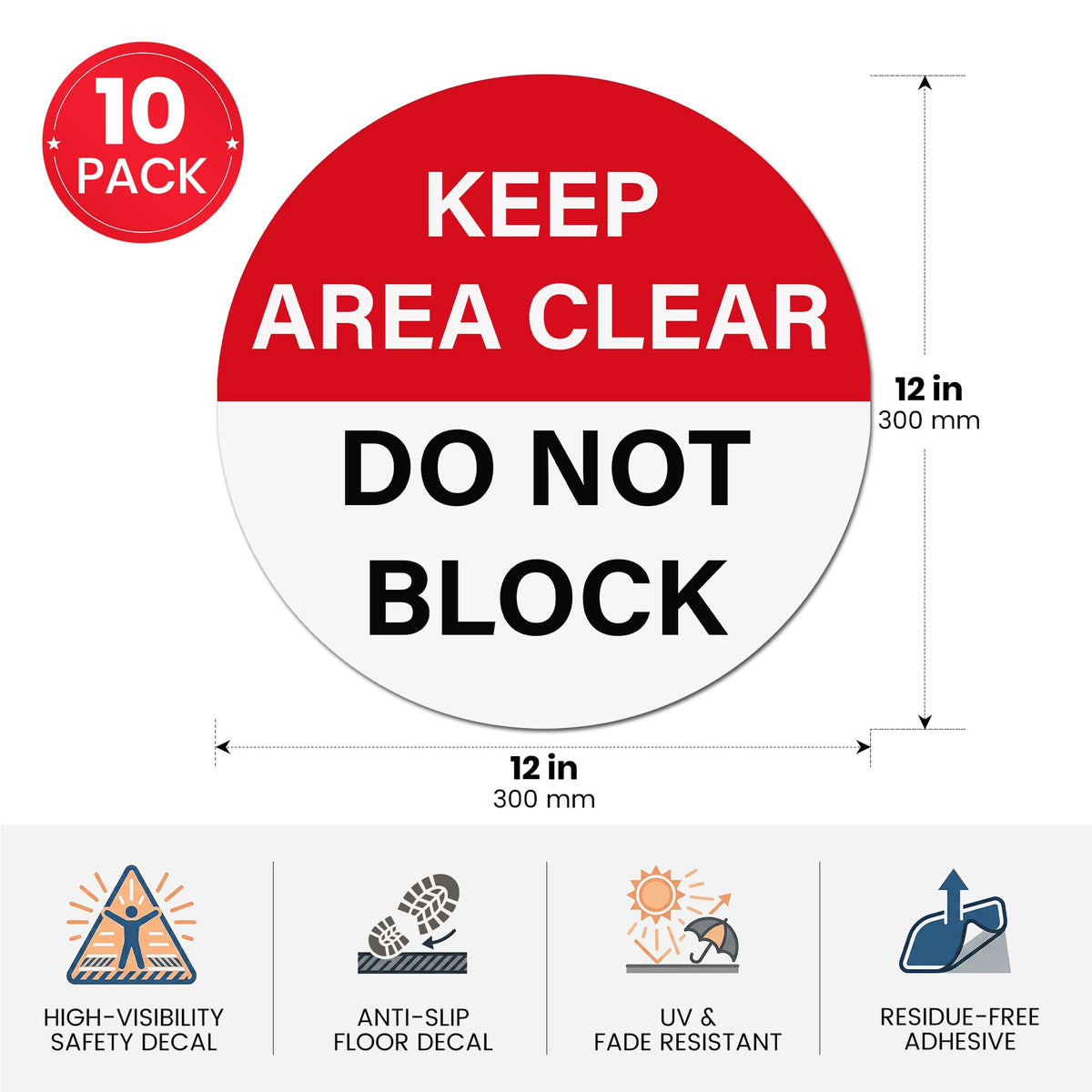 10 Pack 12"x12" Keep Area Clear Do Not Block Floor Sign Stickers Multicolor 10 Pack 12" Keep Area Clear Do Not Block