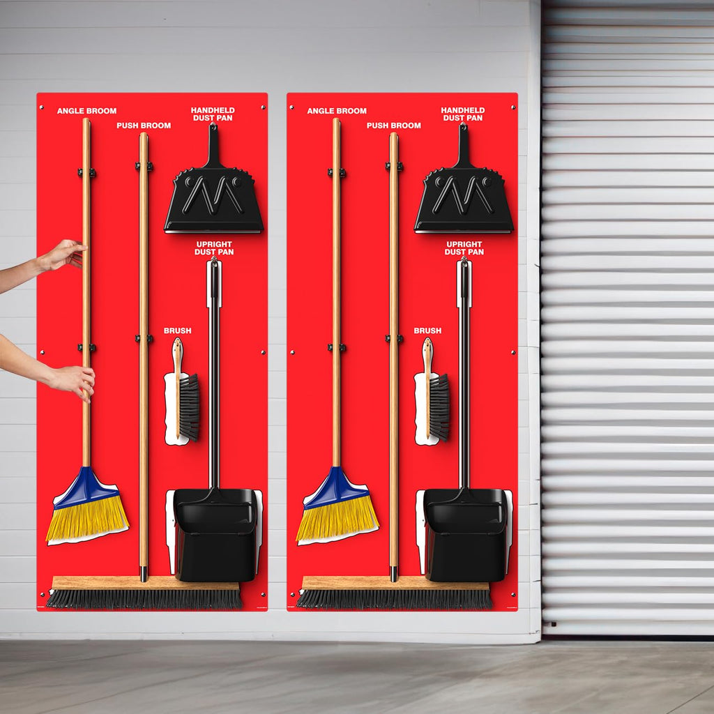 Accuform Clean & Sweep 5S shadow board with broom and dustpan set, red and white wall mount cleaning station, 68" x 30" size