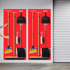 Accuform Clean & Sweep 5S shadow board with broom and dustpan set, red and white wall mount cleaning station, 68" x 30" size