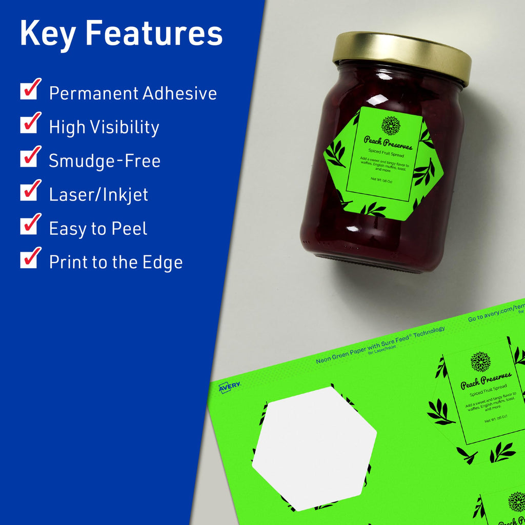 Avery Printable Hexagon Labels, Sure Feed Technology, 2-1/2" x 2-57/64", Neon Green Labels, Print-to-The-Edge, Laser/Inkjet Printable, 120 Total, Great for Cosmetics and Jars 120 labels