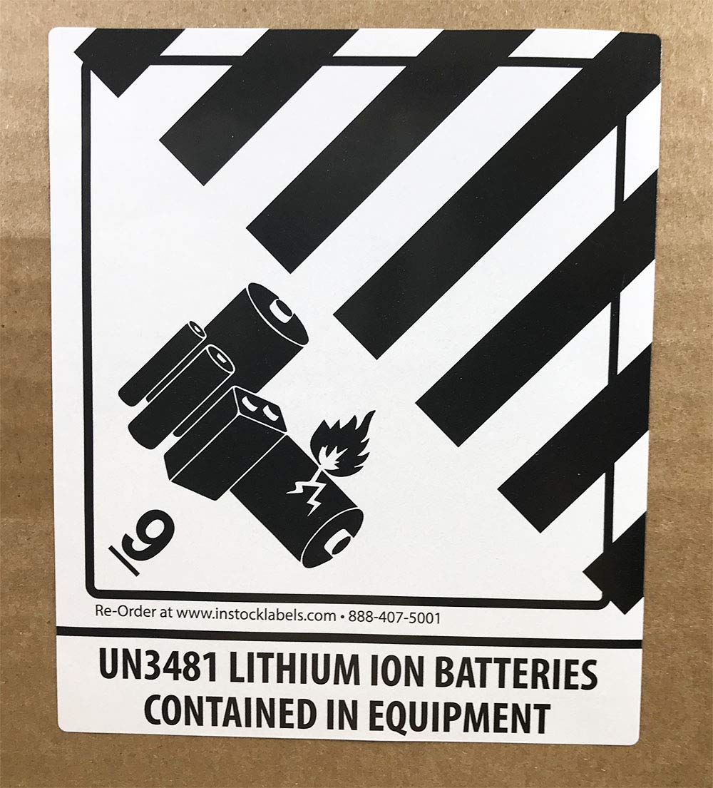 Lithium Ion Batteries Contained in Equipment UN 3481 Hazard 9 (Pre-Printed) Labels 4 x 4.75 Inch 500 Total Stickers on a Roll