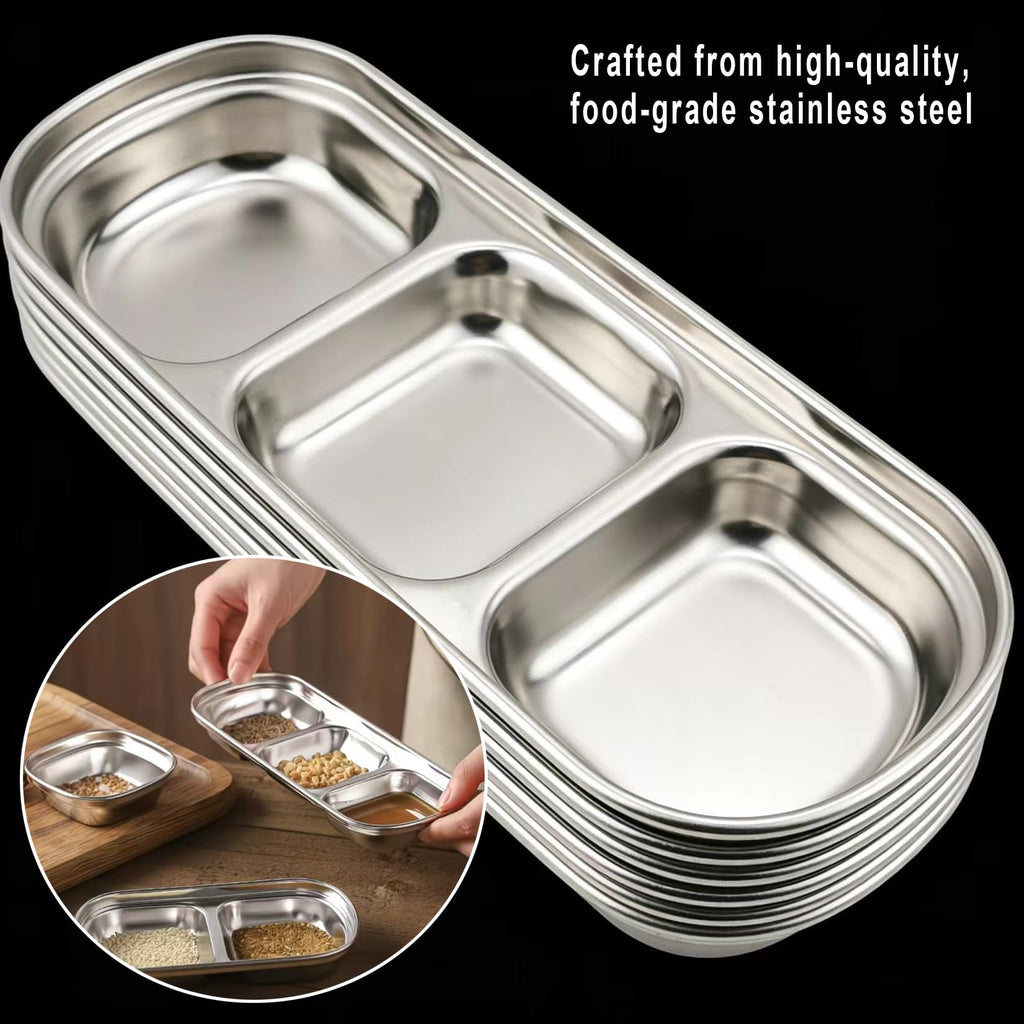 6 Pcs Stainless Steel 3-Compartment Condiment Tray – Korean Style Soy Sauce Dish for BBQ, Banchan, Spices, Salt, Sugar – Stackable Divided Server for Home & Restaurant Use