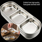 6 Pcs Stainless Steel 3-Compartment Condiment Tray – Korean Style Soy Sauce Dish for BBQ, Banchan, Spices, Salt, Sugar – Stackable Divided Server for Home & Restaurant Use