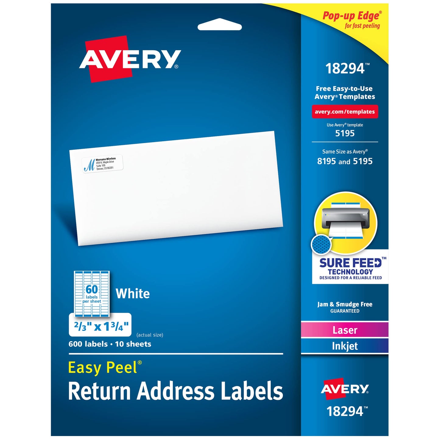Avery Printable Return Address Labels with Sure Feed, 2/3" x 1-3/4", White, 600 Blank Mailing Labels (18294) 1 Pack
