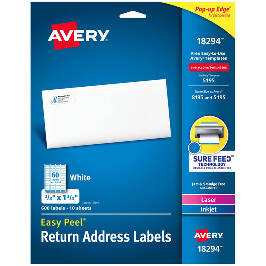 Avery Printable Return Address Labels with Sure Feed, 2/3" x 1-3/4", White, 600 Blank Mailing Labels (18294) 1 Pack