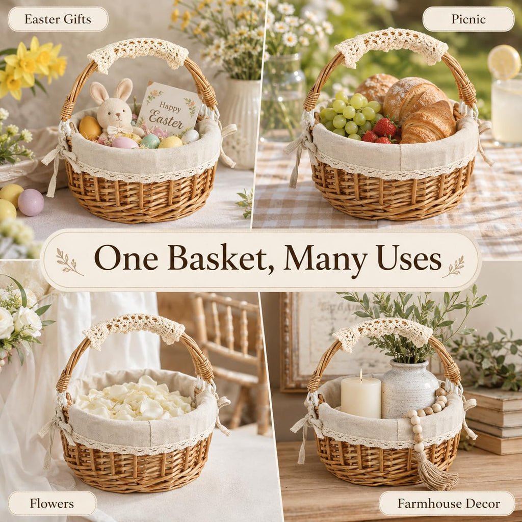10.2-Inch Empty Round Wicker Easter Basket with Fabric Liner