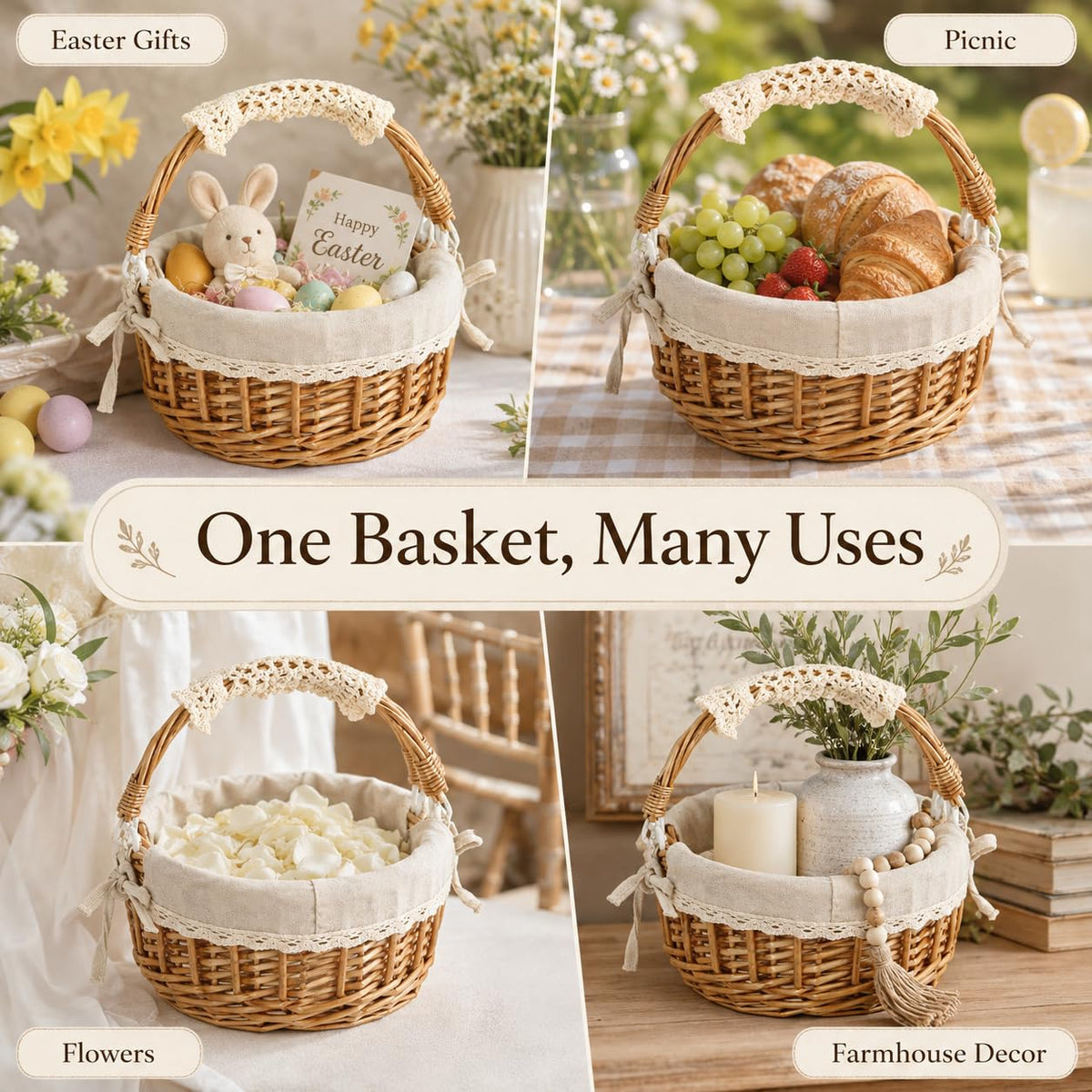 10.2-Inch Empty Round Wicker Easter Basket with Fabric Liner