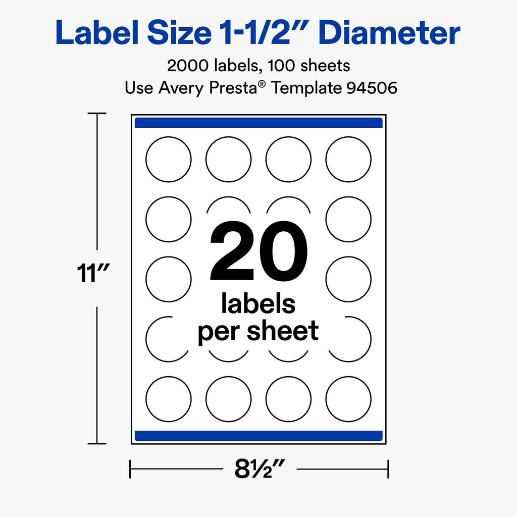 Avery Matte White Round Labels, Sure Feed Technology, 1.5" Diameter, 2,000 Matte White Printable Labels 2,000 labels