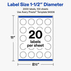 Avery Matte White Round Labels, Sure Feed Technology, 1.5" Diameter, 2,000 Matte White Printable Labels 2,000 labels