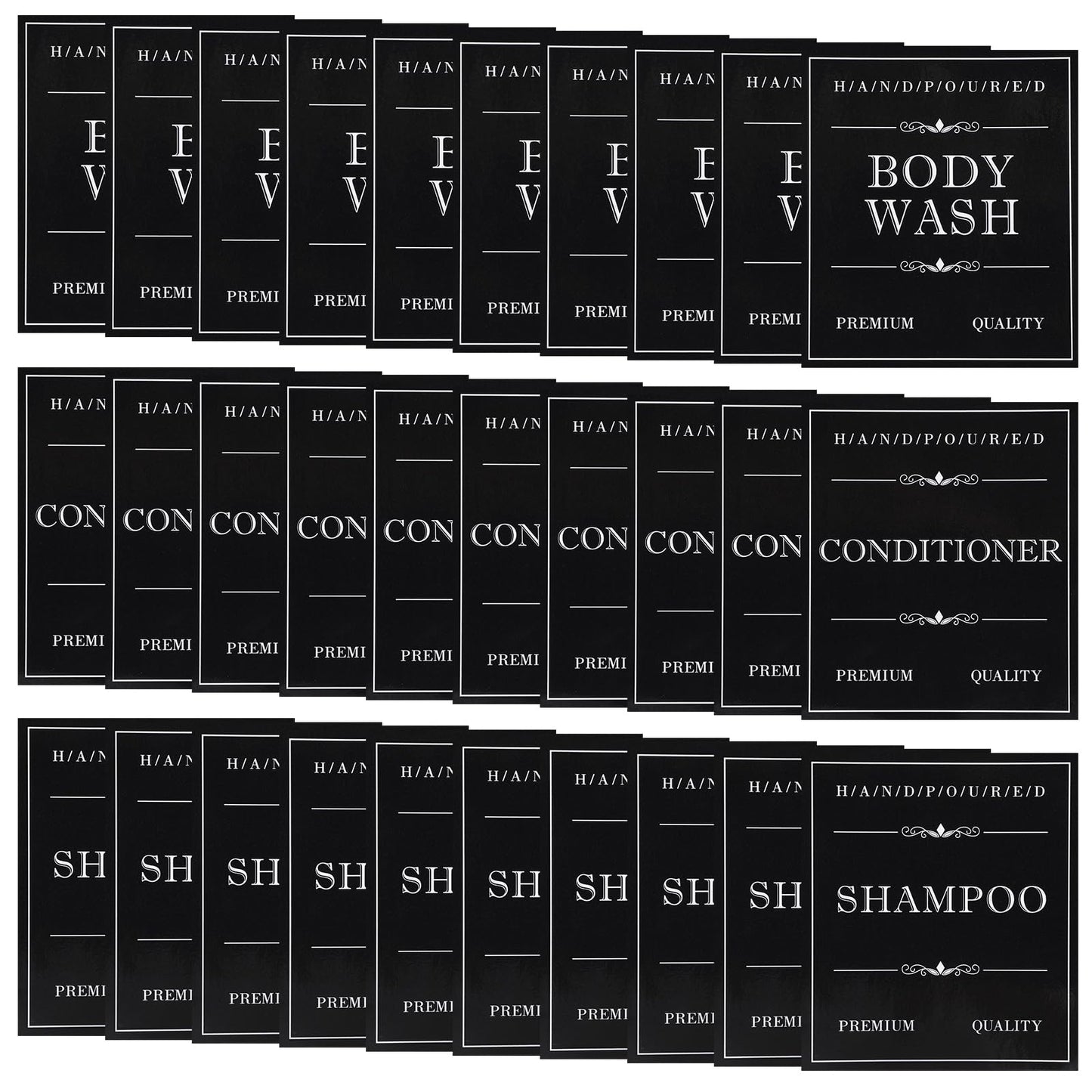 Waterproof Labels for Bottles, Ymapinc 30Pcs Removable Bathroom Organization Labels Stickers for Shampoo/Conditioner/Body Wash, Black Toiletry Labels for Plastic/Glass Bottles