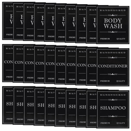 Waterproof Labels for Bottles, Ymapinc 30Pcs Removable Bathroom Organization Labels Stickers for Shampoo/Conditioner/Body Wash, Black Toiletry Labels for Plastic/Glass Bottles