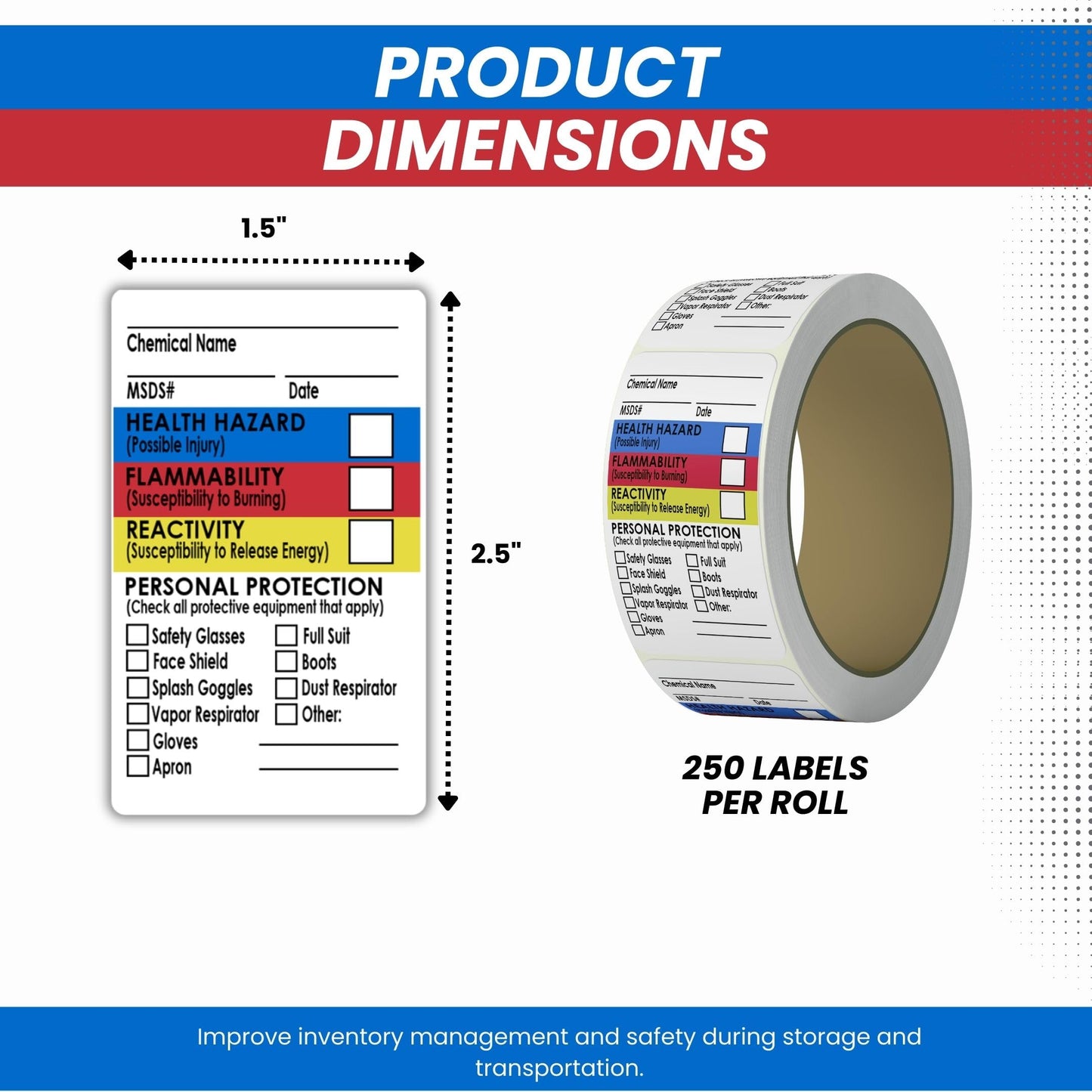 SDS Stickers 500 Stickers - 2 Rolls of 250, 1.5" x 2.5", Right To Know- Chemical Identifying and Marking Sticker Decals