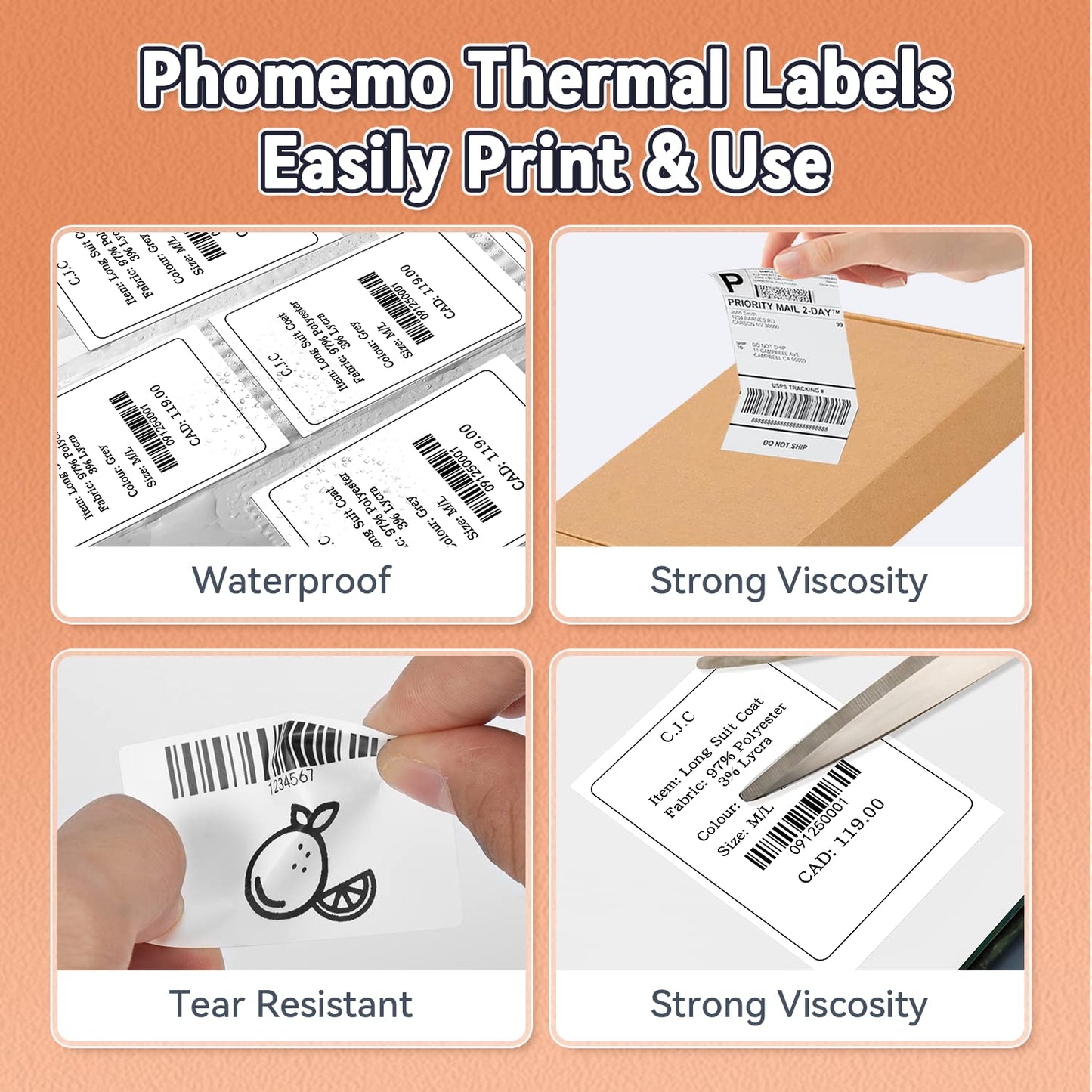 [3x110 pcs] Phomemo Thermal Sticker Label Paper, Multi-Purpose Self-Adhesive Tag for M110, M220, M120, M200, M221,M150,M250 Label Maker, Phomemo Original Labels 1.96"x2.75" (50x70mm), Black on White 1.96"x2.75" Address Labels
