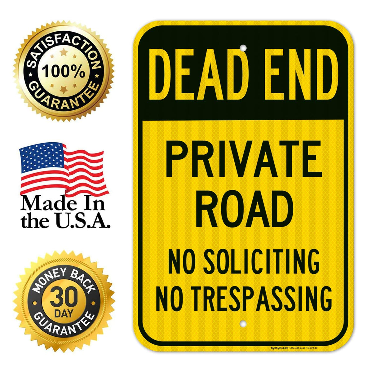 Dead End Private Road, No Soliciting No Trespassing Sign, 12x18 Inches, 3M EGP Reflective .063 Aluminum, Fade Resistant, Made in USA 12x18 Reflective