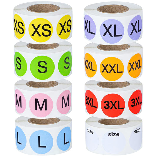 Elcoho 4000 Pieces Round Color Size Sticker Labels Self-Adhesive Clothing Size Stickers 8 Rolls 7 Sizes and One Roll Blank Size for Clothing