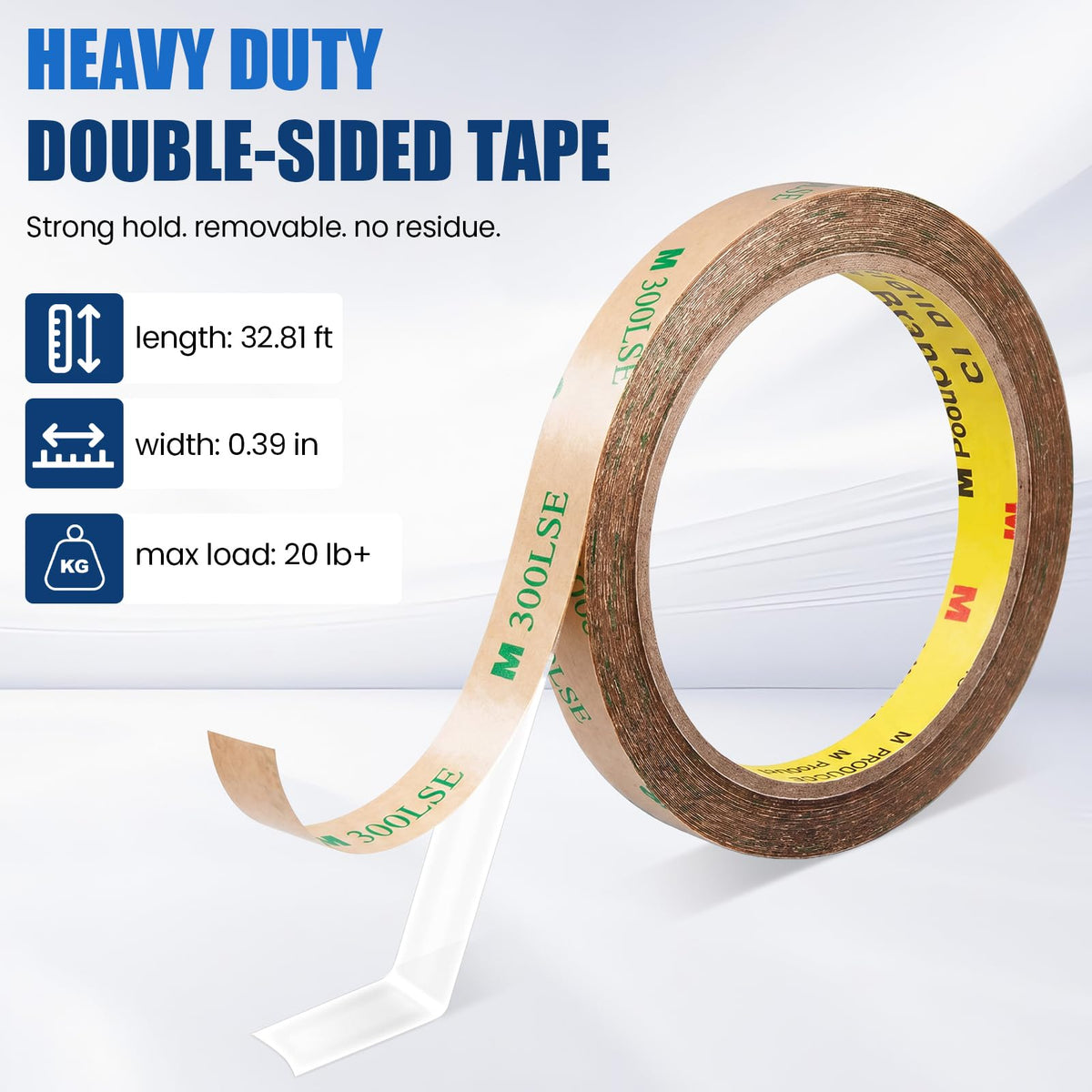 300LSE Double Sided Tape, 32.8ft Industrial No Residue High Temp Tape 32.81ft x 0.39in Wide