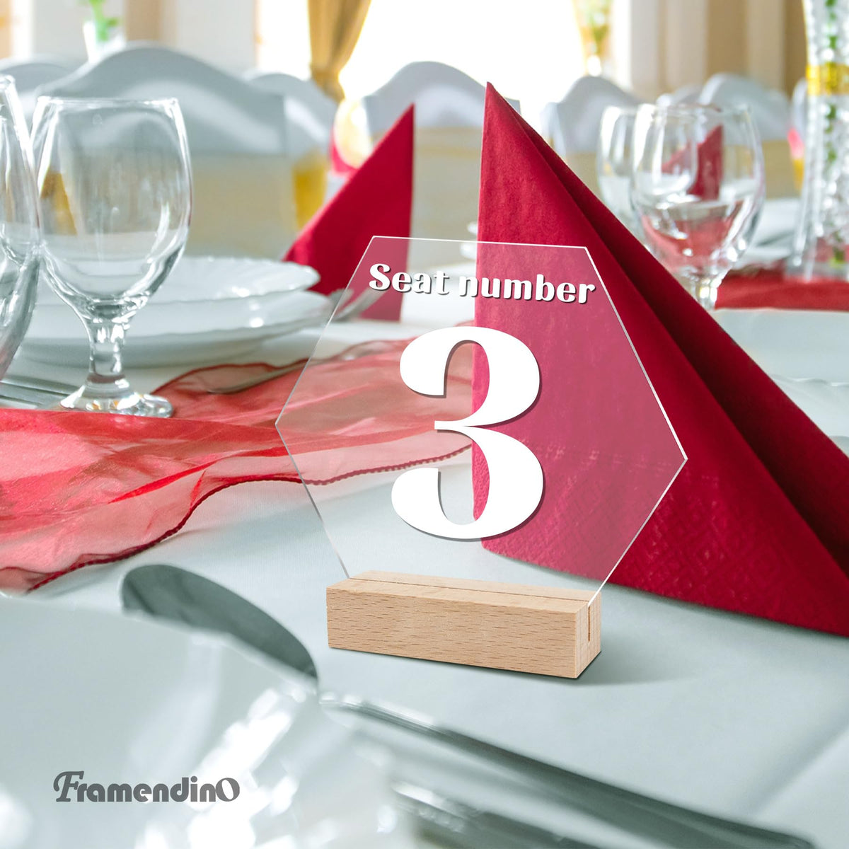 Framendino, 10 Pack Hexagon Acrylic Table Sign with Wood Stand DIY Wedding Signs Blank Holder Numbers Base for Party Decor