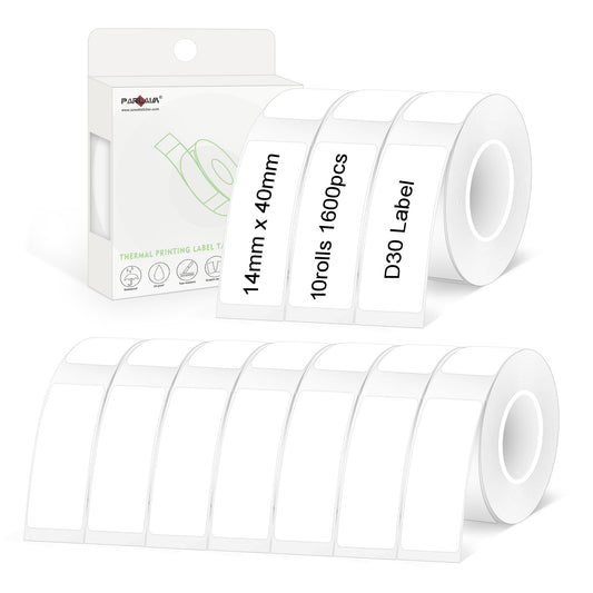 PARLAIM 10 Rolls D30 Label Tape, Pre-Cut Self-Adhesive Label Tapes, 0.55 x 1.57 Inch (14 X 40mm) Square Thermal Label Sticker for Portable Printer, 1600pcs White Labels 10 Roll-1600PCS