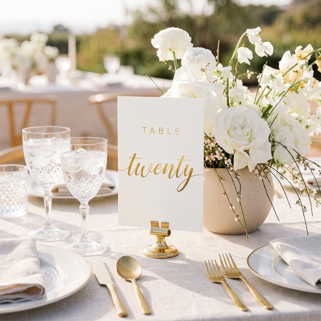 Elegant Gold Wedding Table Numbers 1-20 with Head Table, White Art Paper