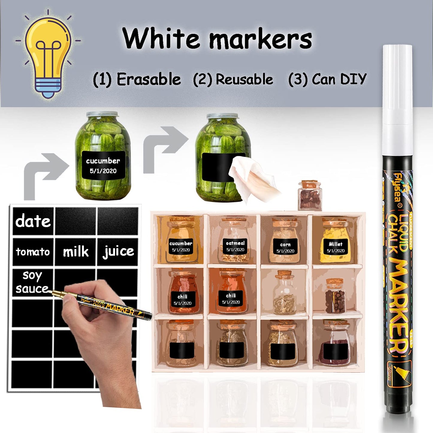 Chalkboard Labels 144 Pcs with 2 Chalk Markers, Reusable, Waterproof Chalk Stickers for Jars, Containers, Storage Bins, Pantry, Parties, Weddings, Home & Kitchen Organization 144 PCS, Rectangle Shape