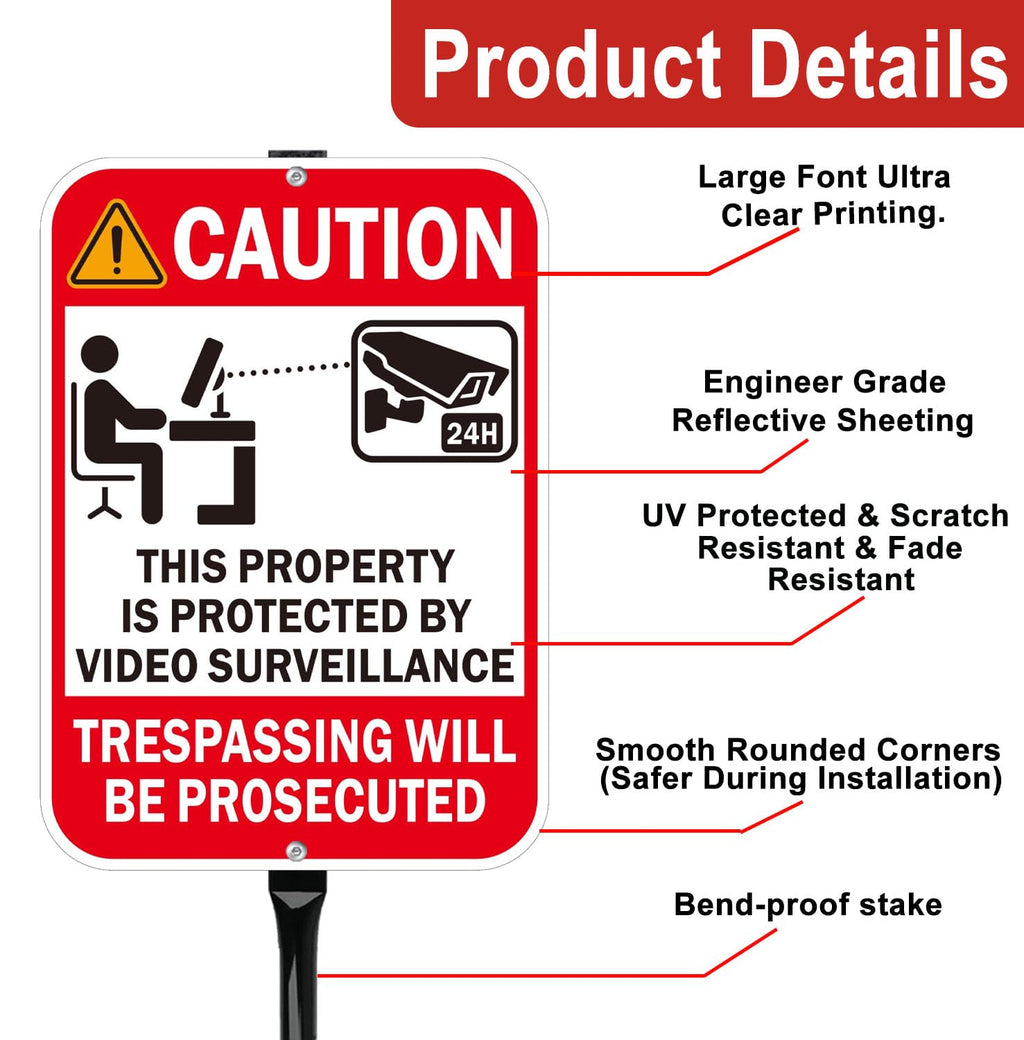2-Pack Video Surveillance Sign with 35-Inch Metal Stakes, 14x10 Inches Security Warning Signs, 24 Hour CCTV Monitoring, No Trespassing Property Protection Red - 2pack with Stake