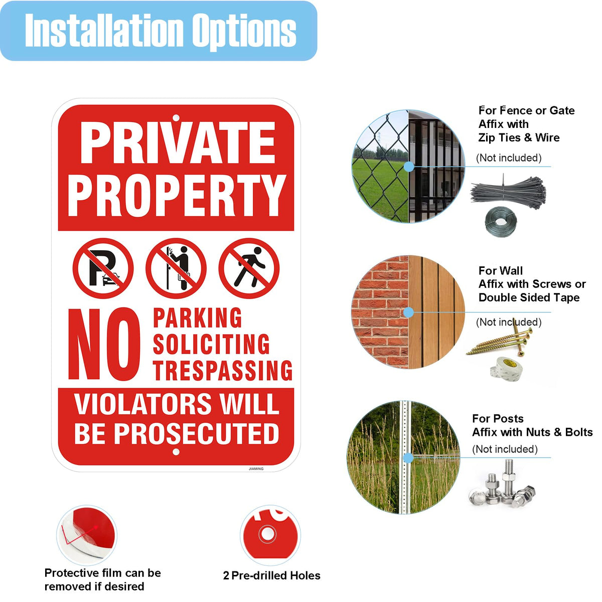 2 Pack Private Property No Trespassing Signs - 18x12 Inch No Parking No Soliciting Reflective with Violators Be Prosecuted Warning, Rust-Free Aluminum Weatherproof UV Protected for Yard, Driveway